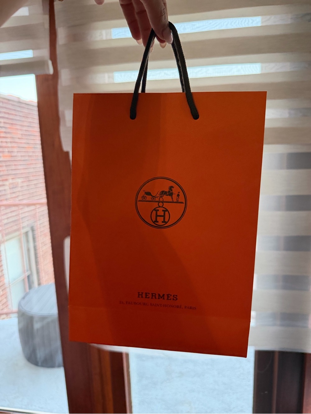 Hermes Orange Shopping gift Bag with Black Rope Handles new